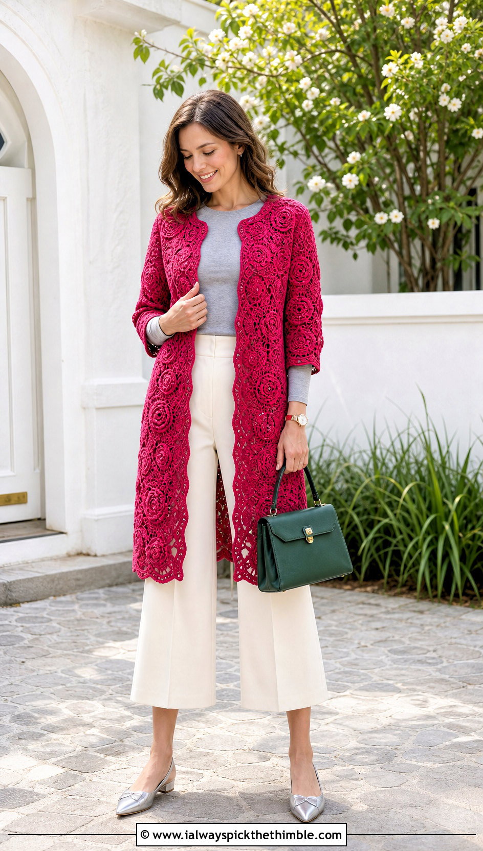 Three Quarter Sleeve Irish Crochet Coat With Culottes - 20 irish crochet coat outfit ideas