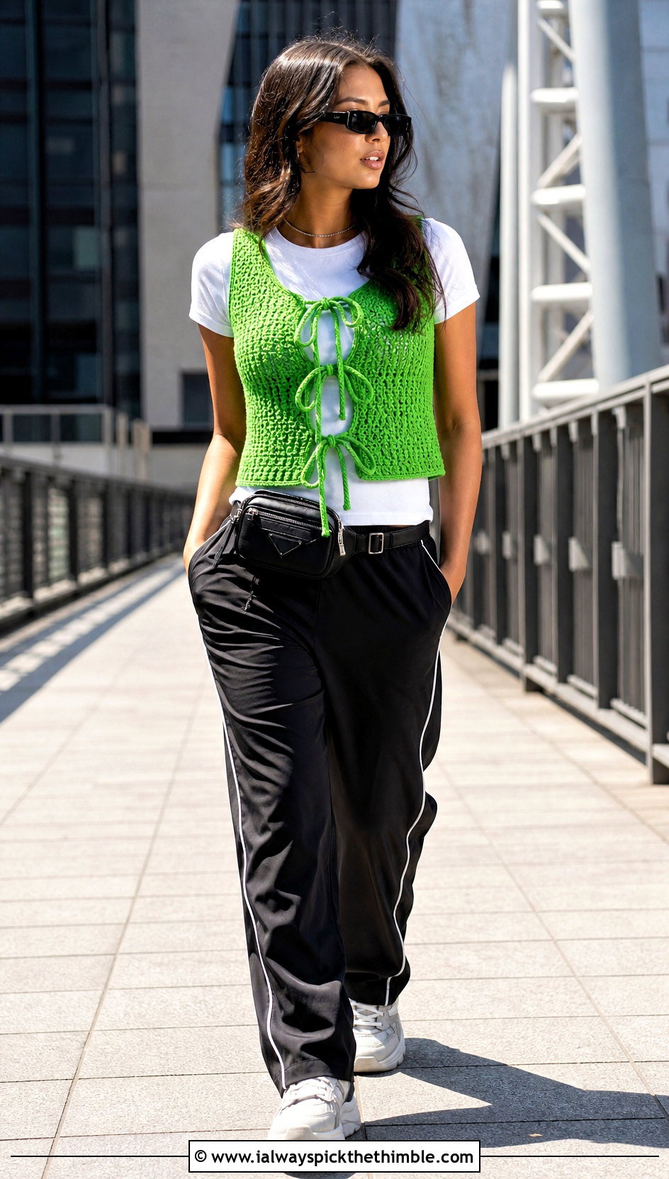 Three Tie Crochet Vest Top With Track Pants - 15 tie up crochet top outfit ideas