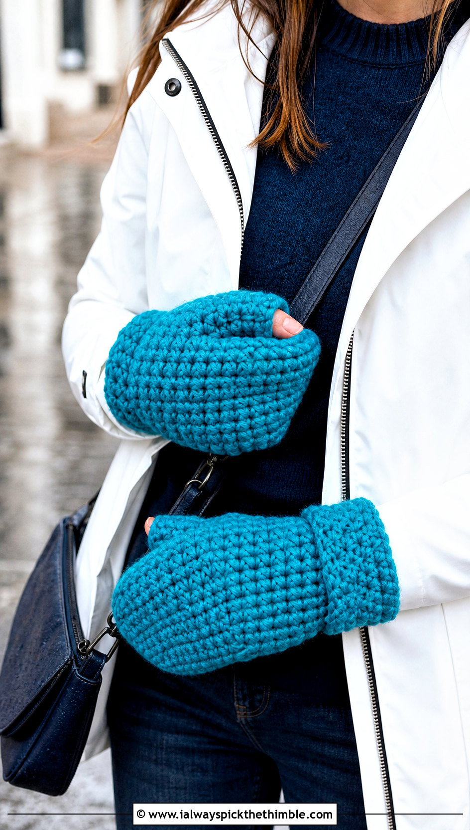 Thumb Gusset Chunky Crochet Mittens With Rain Jacket and Dark Jeans - 20 Chunky Yarn Crochet Mittens outfit ideas
