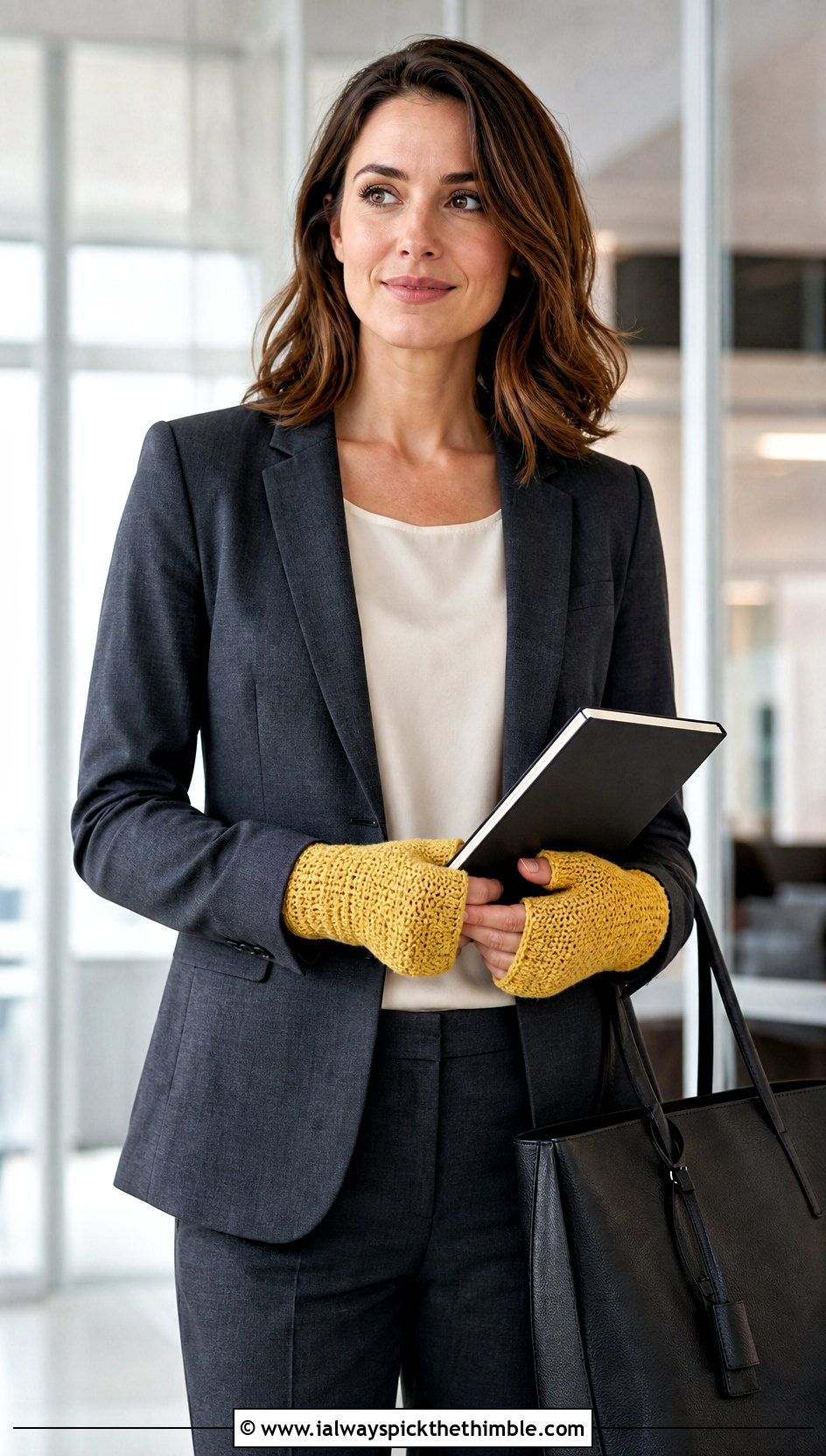 Thumb Gusset Crochet Mitts With Office Suit - 20 easy crochet hand warmers outfit ideas