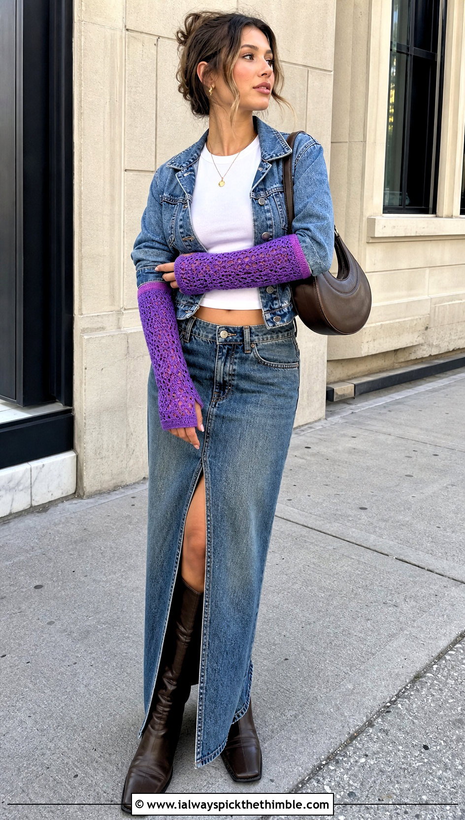 Thumb Hole Crochet Arm Warmers With Denim Maxi Skirt - 20 Crochet Arm Warmers Aesthetic outfit ideas