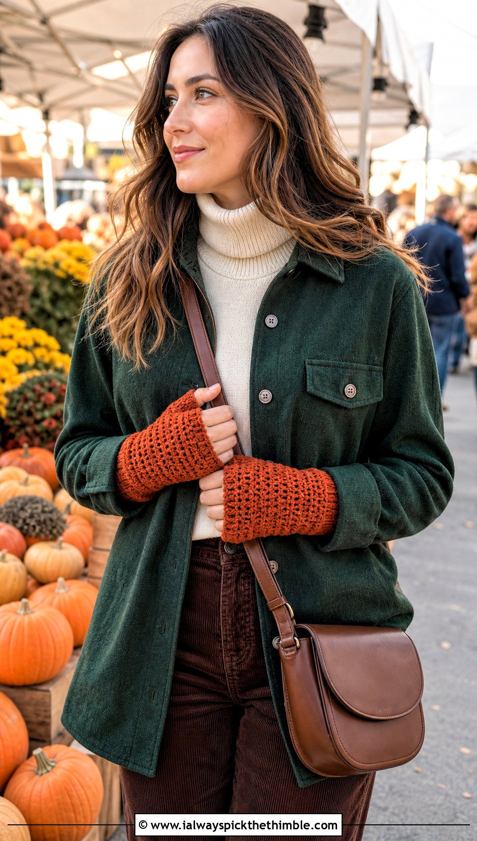 Thumb Hole Crochet Fingerless Mitts With Shacket And Corduroy Pants - 20 Crochet For Fingerless Gloves outfit ideas