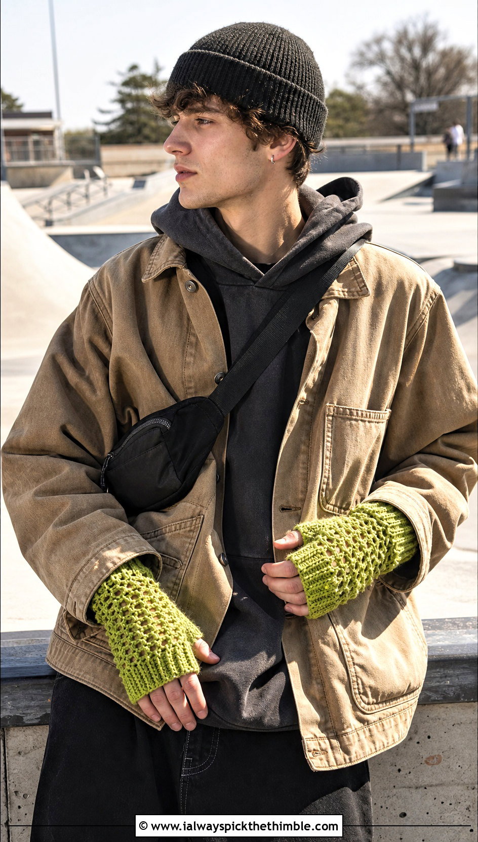 Thumb Hole Crochet Hand Warmers With Skater Outfit - 25 crochet gloves for men outfit ideas
