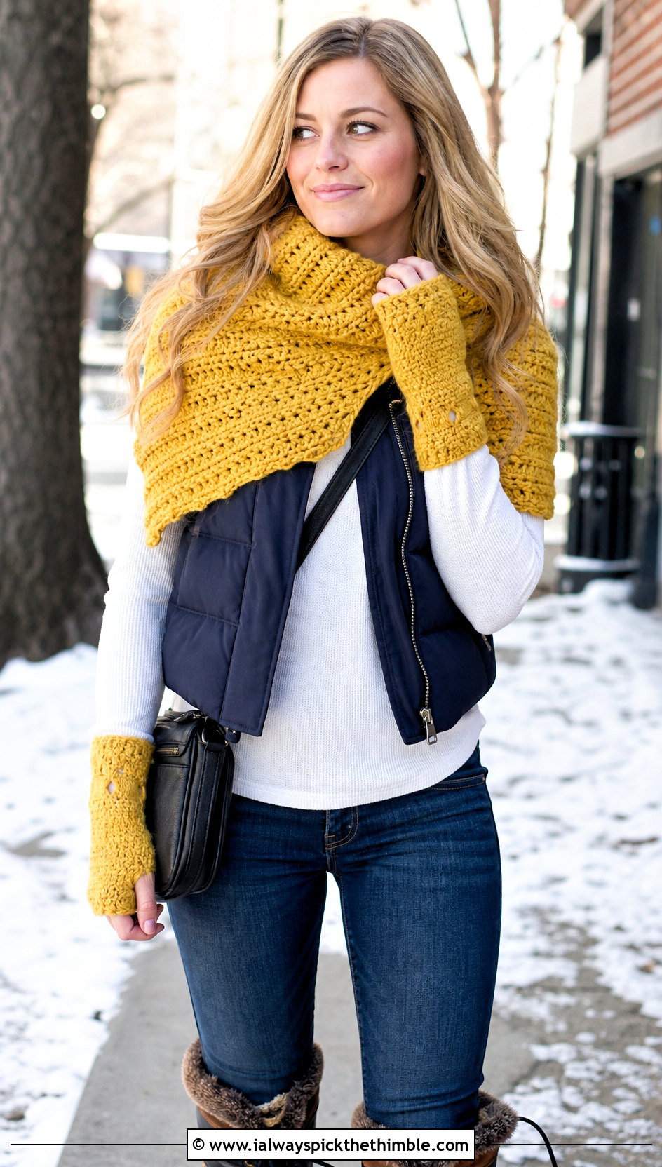 Thumb Hole Crochet Sweater Scarf Wrap With Puffer Vest - 20 crochet scarf sweater wrap outfit ideas