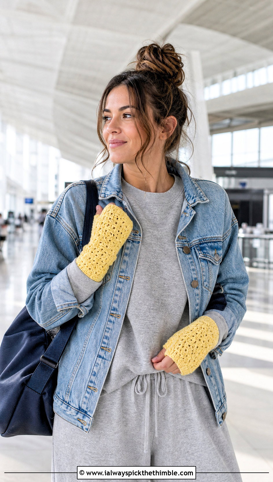 Thumb Hole Crochet Wrist Warmers With Airport Outfit - 20 finger less crochet gloves outfit ideas