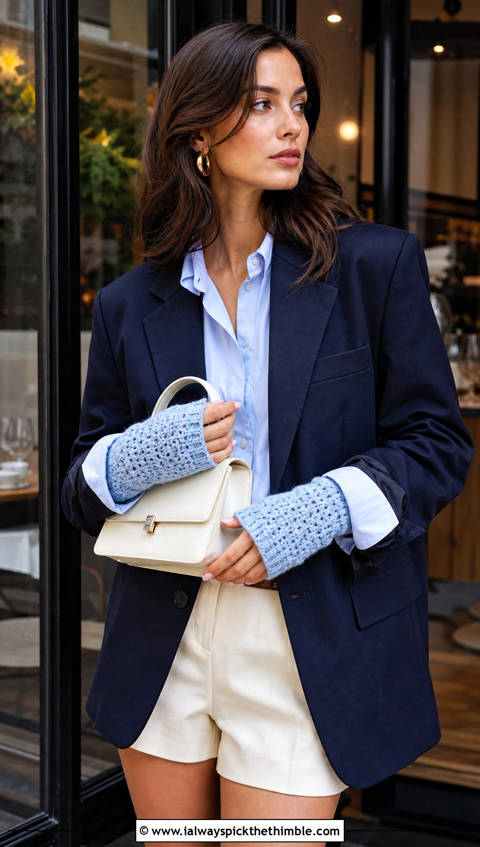 Thumb Hole Crochet Wrist Warmers With Blazer And Tailored Shorts - 15 crochet finger gloves outfit ideas