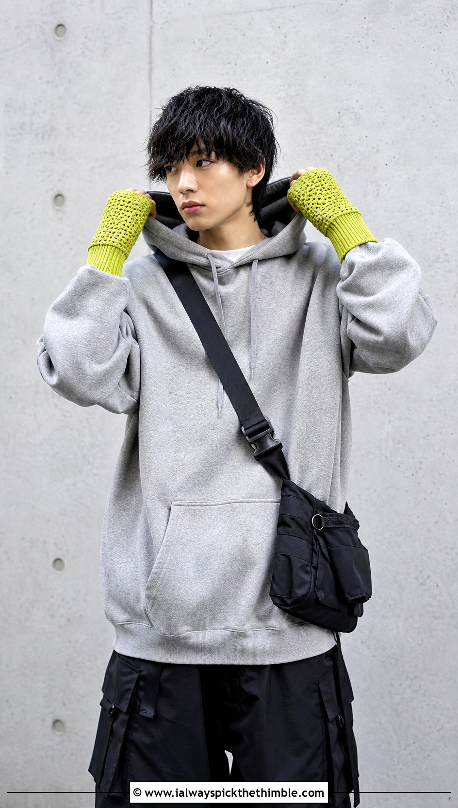 Thumb Hole Crochet Wristlets With Oversized Hoodie - 20 Crochet Mens Fingerless Gloves outfit ideas