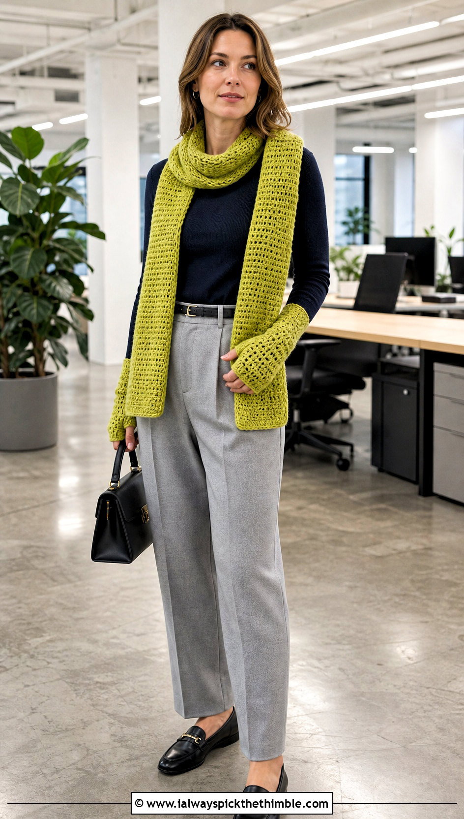 Thumb Hole Sleeved Crochet Scarf With Pleated Trousers - 20 Sleeved Crochet Scarf outfit ideas