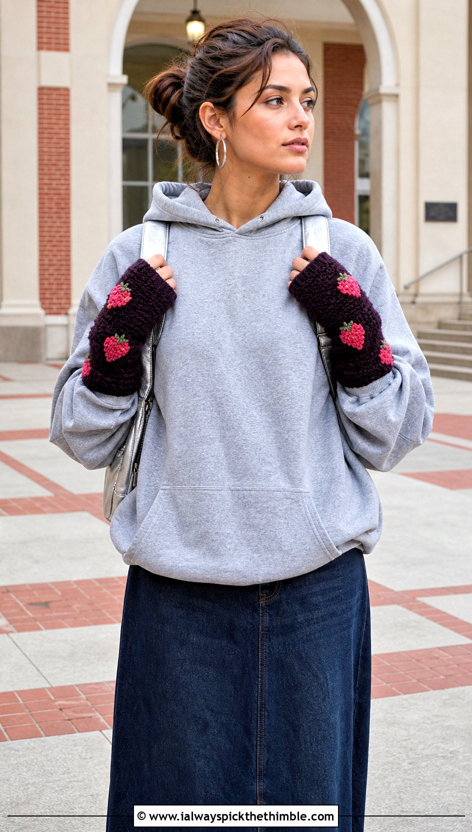 Thumb Hole Strawberry Hand Warmers With Hoodie - 20 Strawberry Crochet Gloves outfit ideas