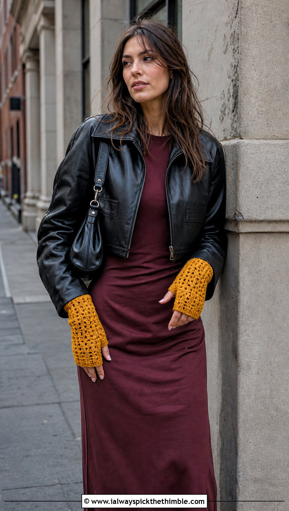 Thumb Hole Wrist Warmers With Leather Jacket And Midi Dress - 25 crochet wrist warmers outfit ideas