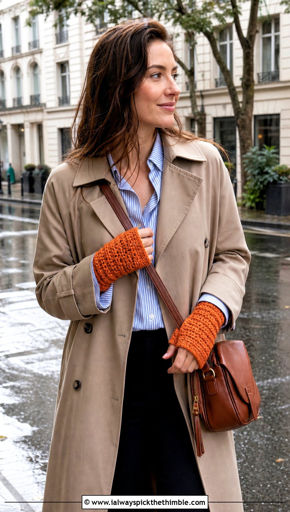 Thumb Hole Wrist Warmers With Trench Coat - 25 Crochet Handwarmer outfit ideas