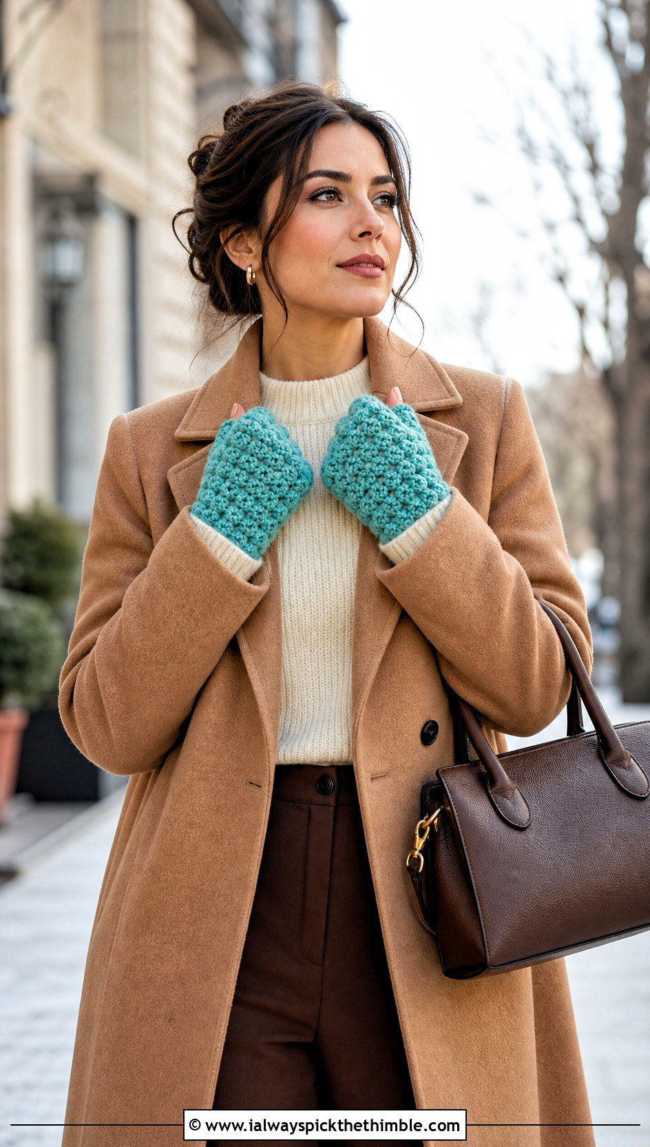 Thumbed Puff Stitch Fingerless Gloves With Wool Coat - 15 Crochet Puff Stitch Fingerless Gloves outfit ideas