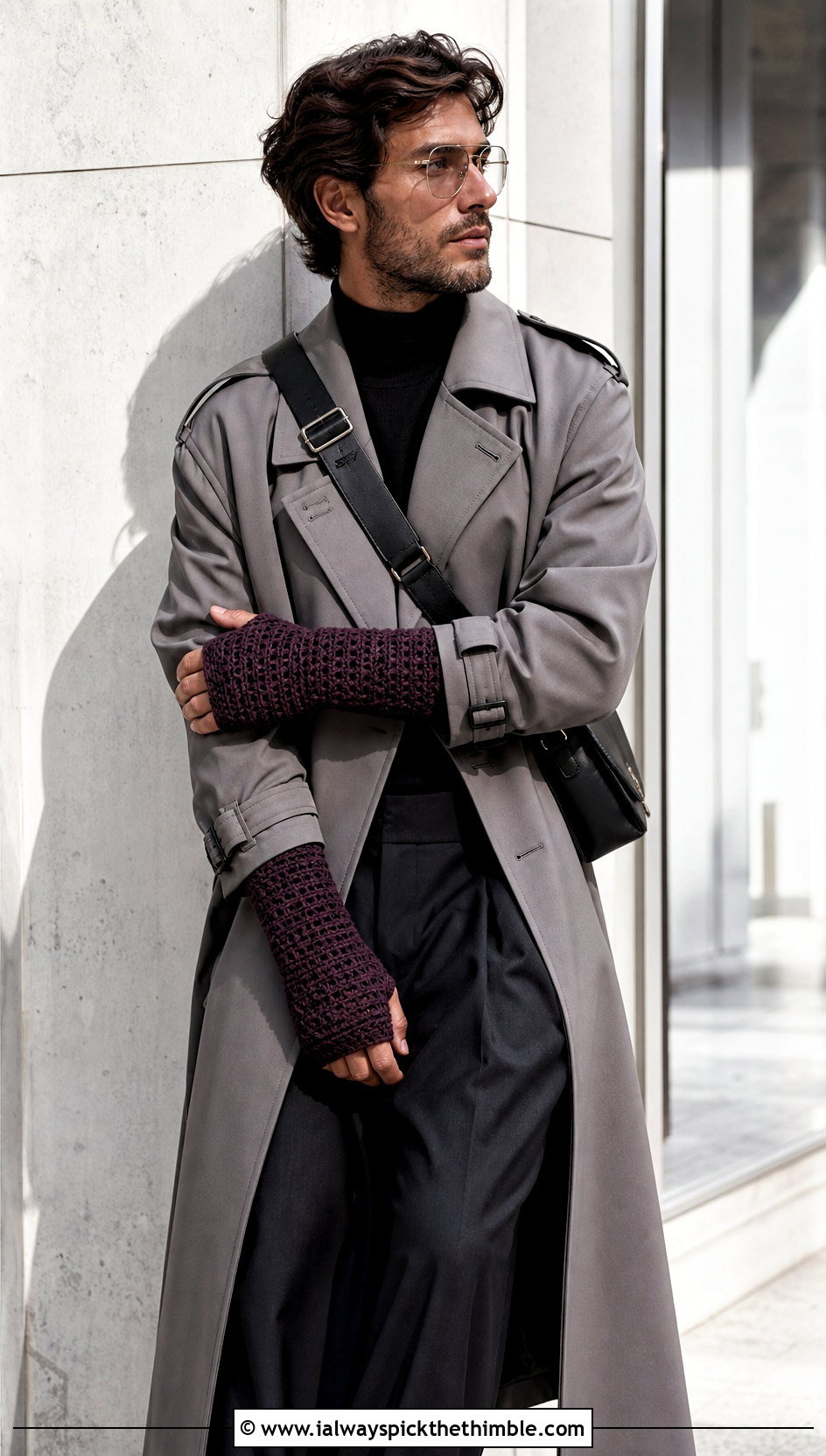 Thumbhole Crochet Gauntlets With Trench Coat - 25 men crochet gloves outfit ideas