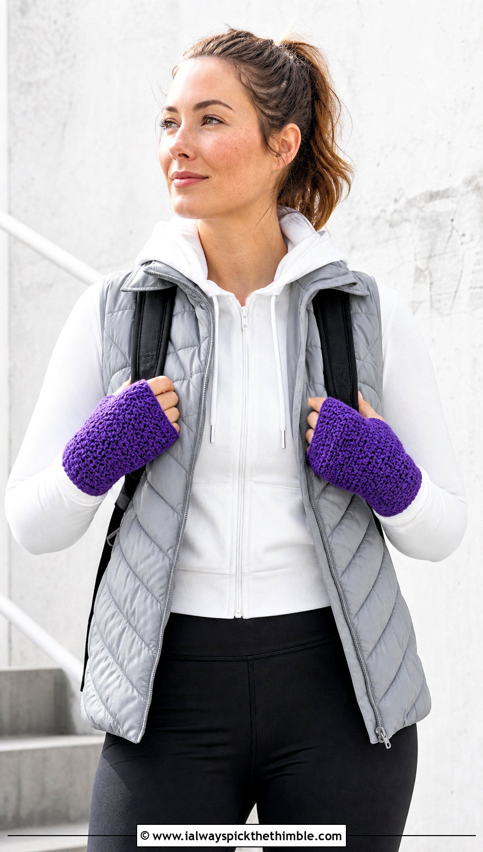 Thumbhole Crochet Hand Warmers With Hoodie And Leggings - 25 crochet gloves outfit ideas