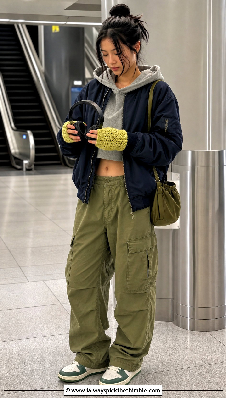 Thumbhole Crochet Handwarmers With Hoodie And Cargo Pants - 25 crochet handwarmers outfit ideas