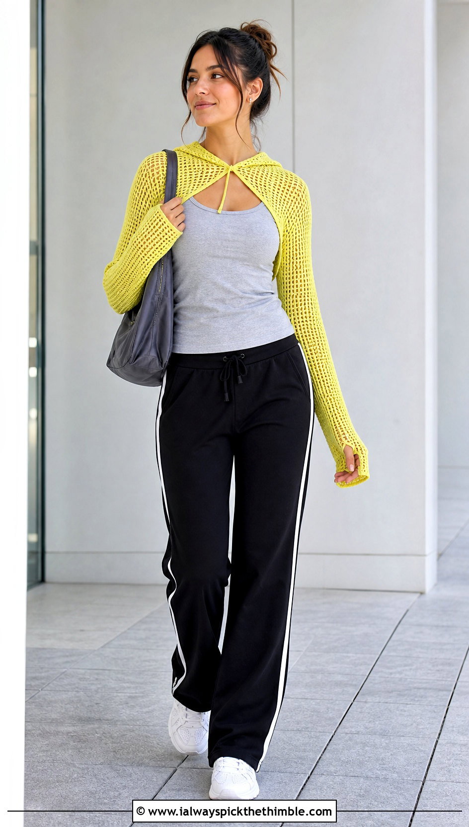 Thumbhole Crochet Hooded Shrug With Track Pants - 20 Crochet Hooded Shrug outfit ideas
