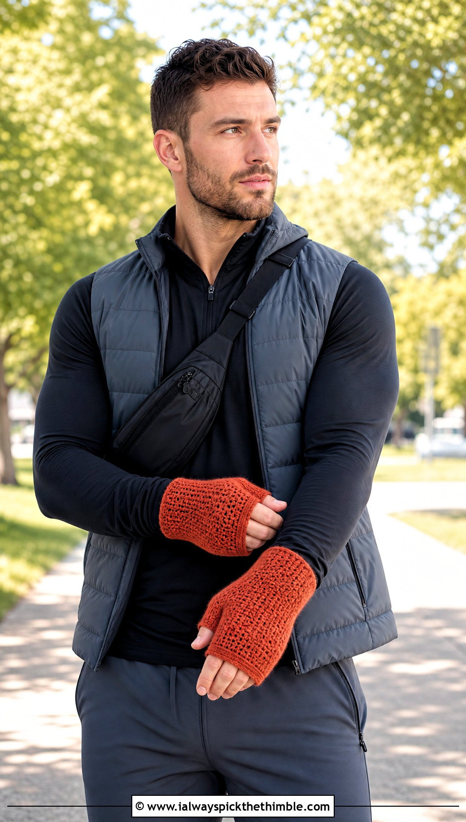 Thumbhole Crochet Mitts With Athleisure Outfit - 20 Mens Crochet Mittens outfit ideas