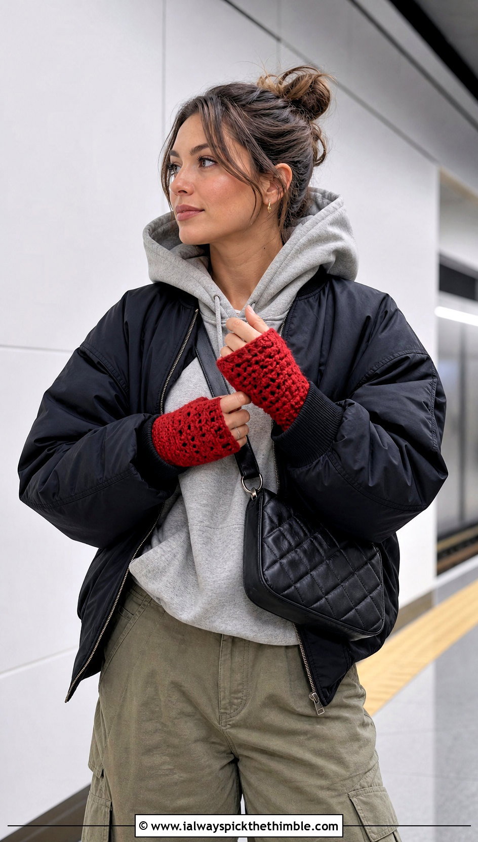 Thumbhole Crochet Wrist Mittens With A Hoodie And Cargo Pants - 15 vintage crochet mitten outfit ideas