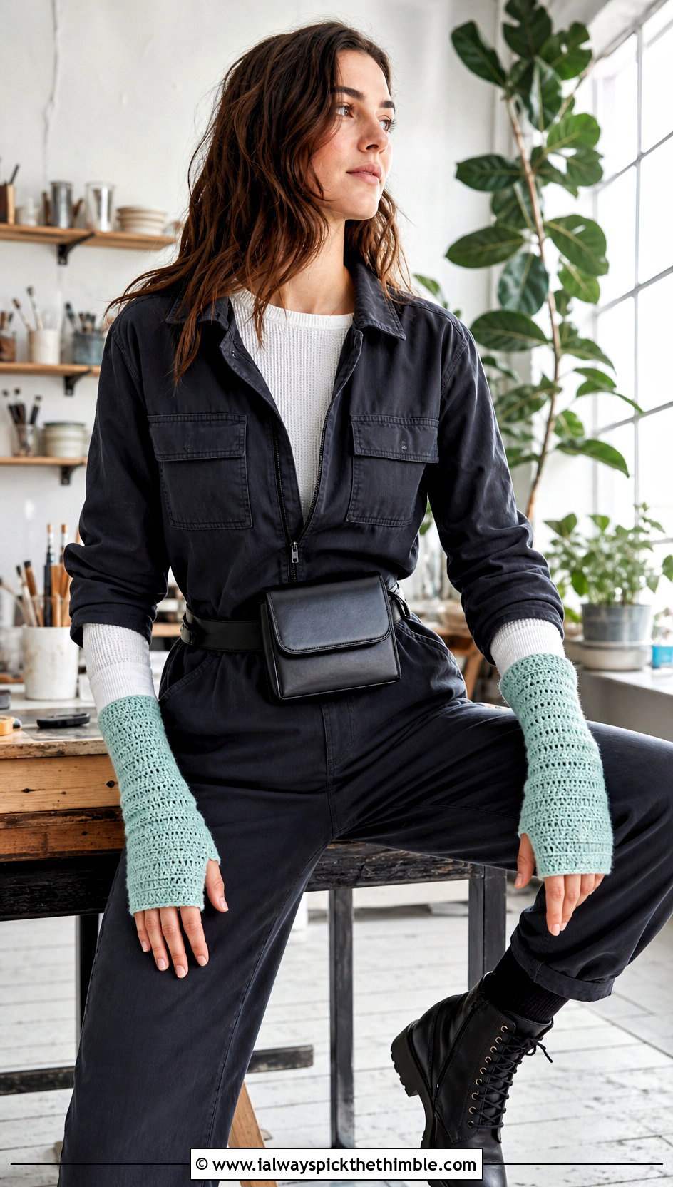 Thumbhole Crochet Wrist Warmers With Utility Jumpsuit - 20 quick crochet mittens outfit ideas