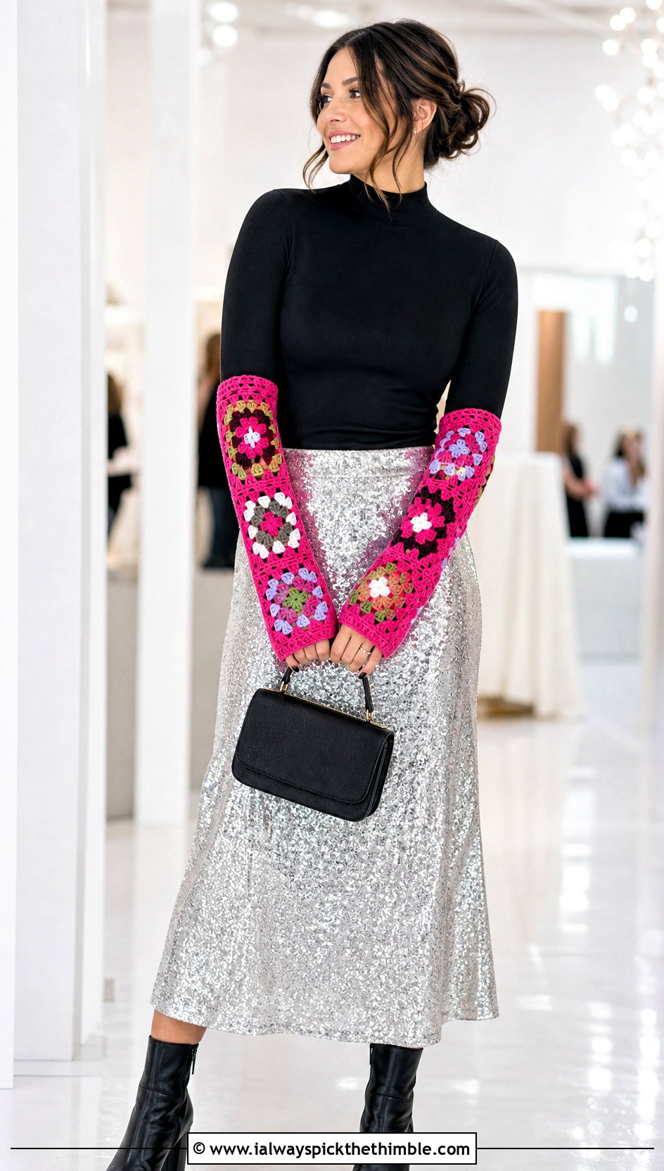 Thumbhole Granny Square Arm Warmers With Sequin Skirt - 20 Granny Square Arm Warmers outfit ideas