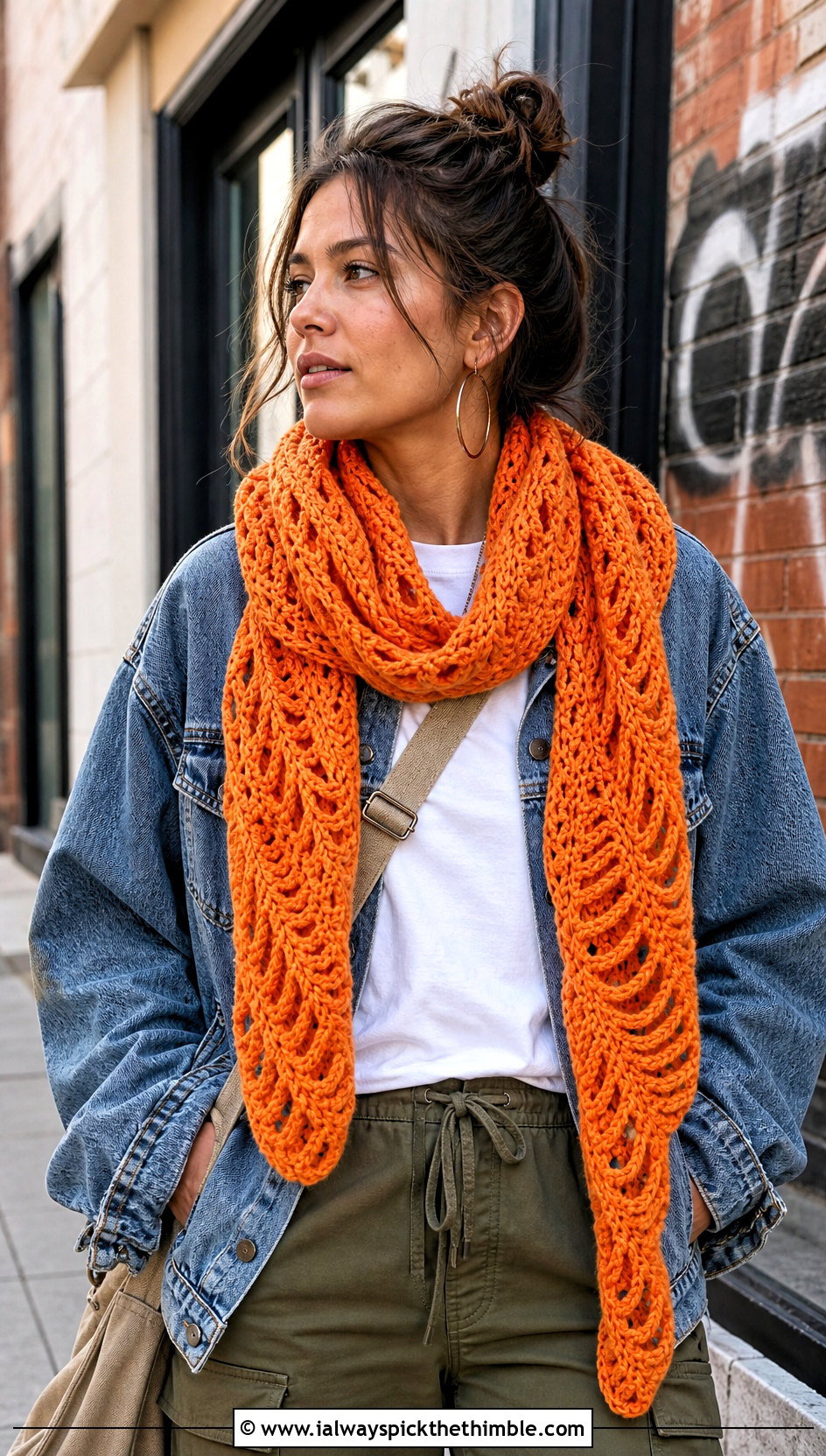 Tidal Wave Crochet Scarf With Denim Jacket and Cargo Pants - 20 wavy crochet scarf outfit ideas