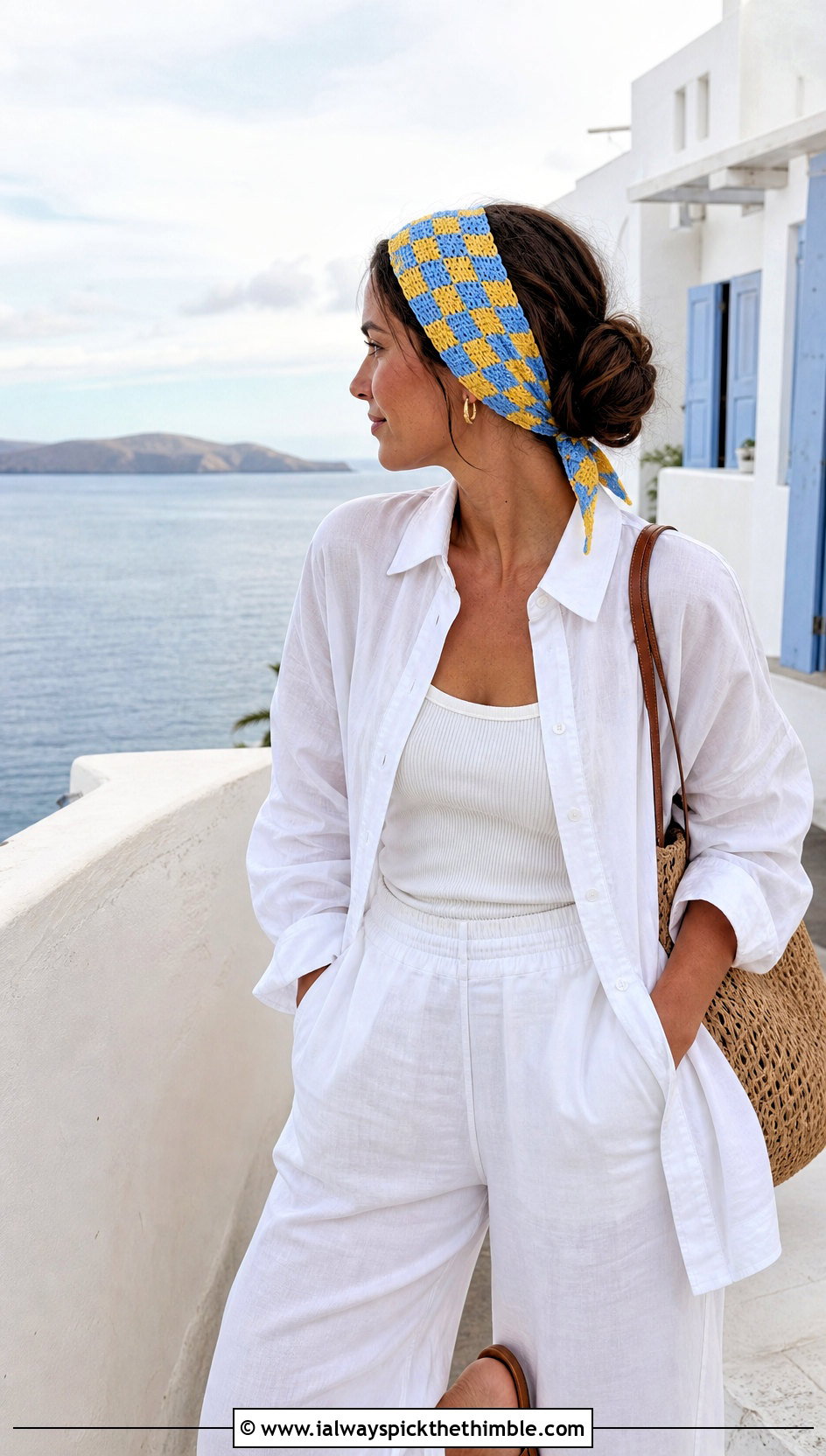 Tie Back Crochet Checkered Headband With Linen Shirt And Pants - 20 crochet checkered headband outfit ideas