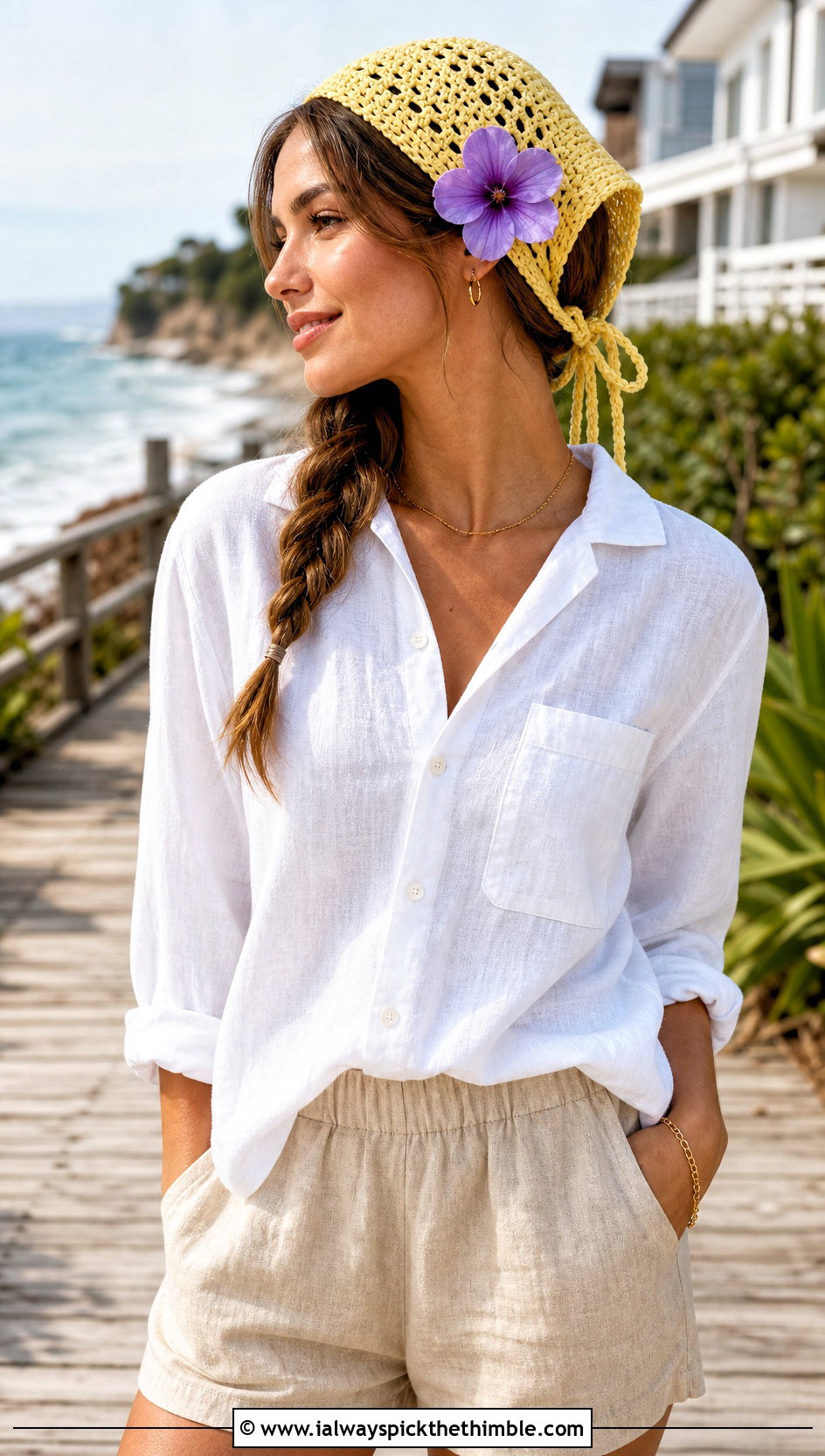 Tie Back Crochet Headband With Linen Vacation Outfit - 15 crochet headband with purple flower outfit ideas