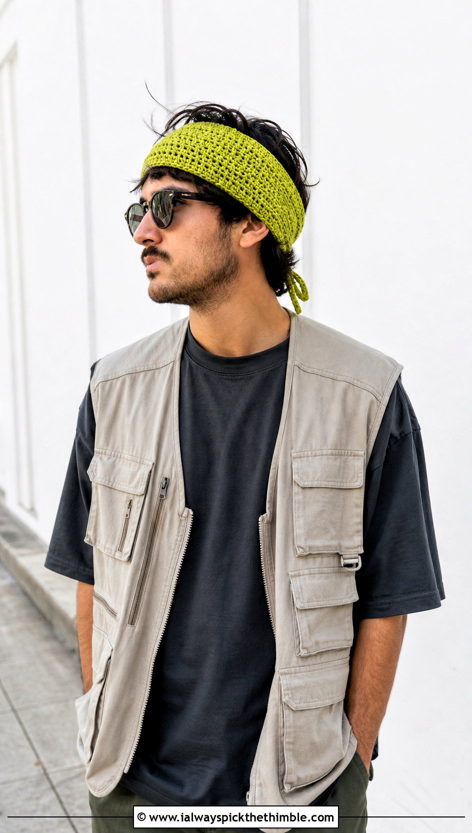 Tie Back Crochet Headband With Utility Vest - 20 men's crochet headband outfit ideas