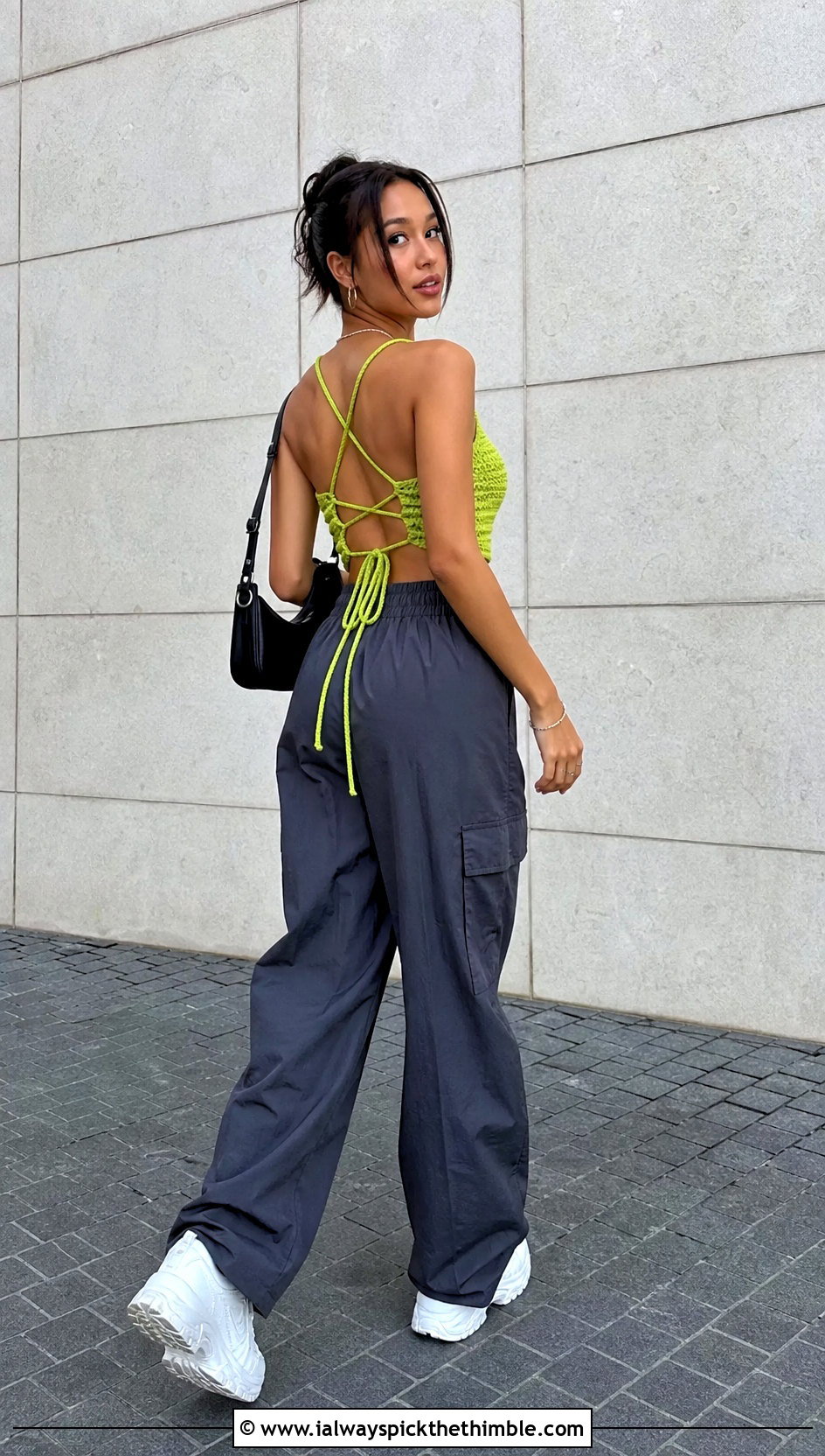 Tie Back Crochet Ruched Top With Parachute Pants - 20 crochet ruched top outfit ideas