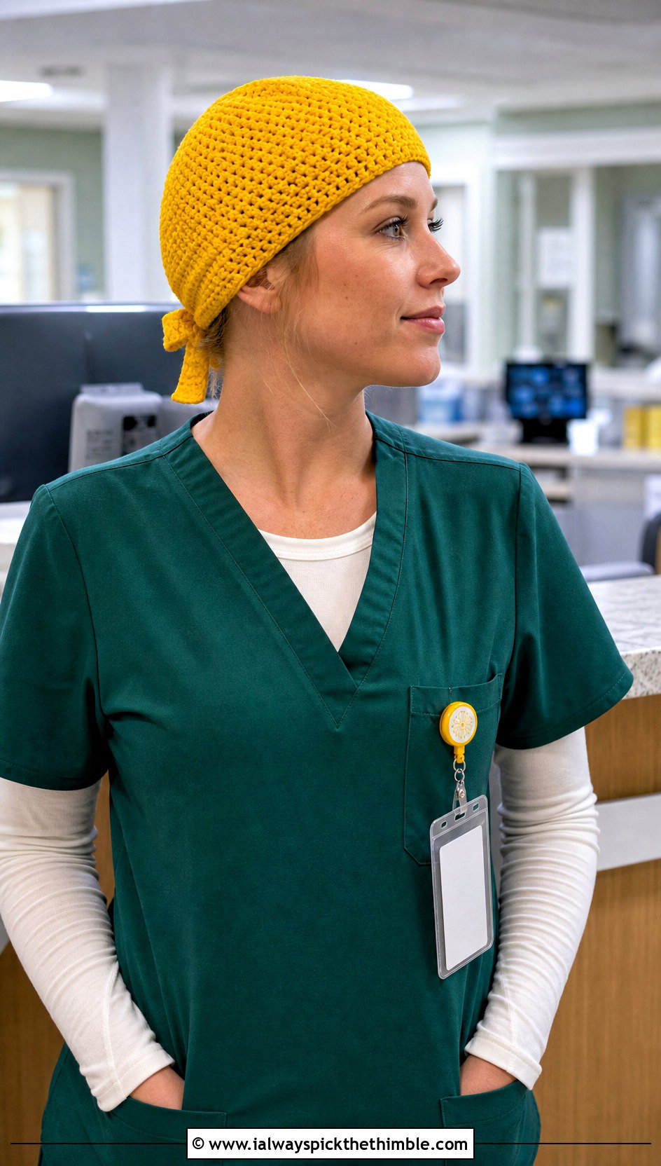 Tie Back Crochet Scrub Cap With Layered Scrubs - 20 Crochet Scrub Cap outfit ideas