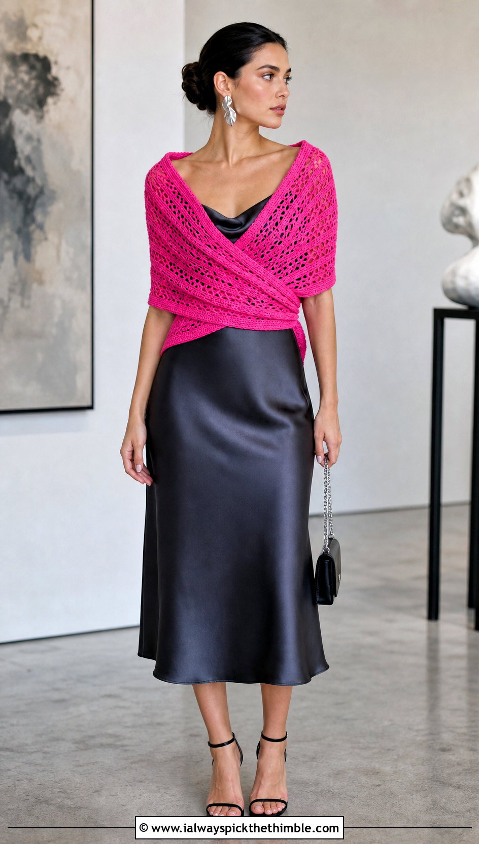 Tie Back Highlander Shawl With Satin Slip Dress - 20 Crochet Highlander Shawl outfit ideas