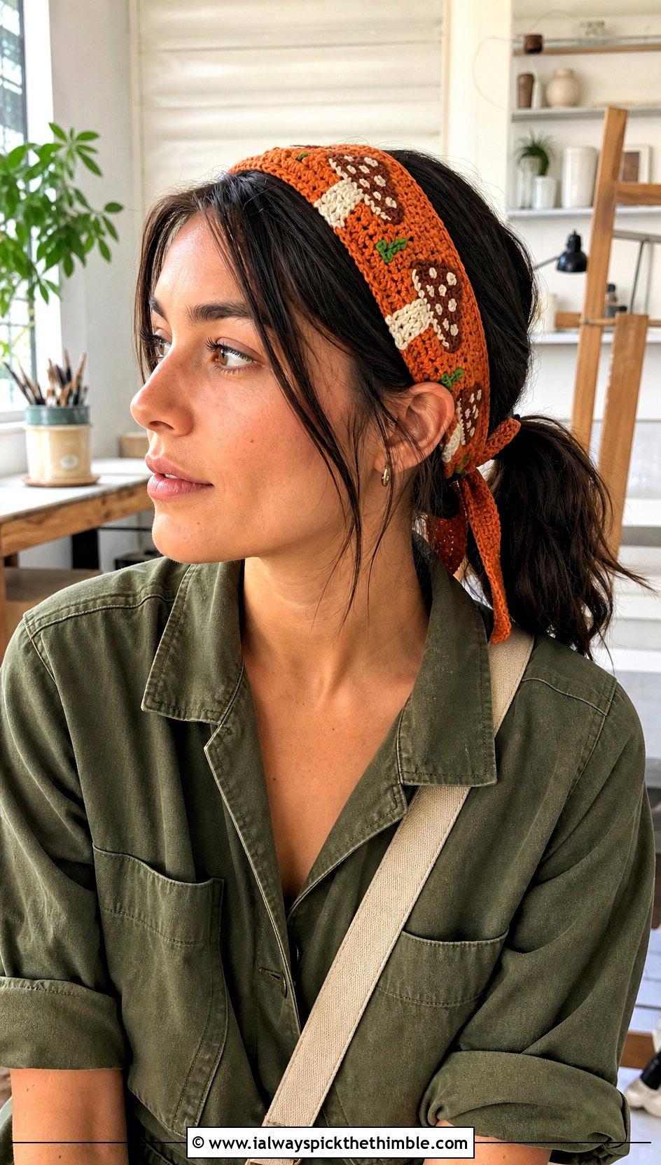 Tie Back Mushroom Crochet Headband With Utility Jumpsuit - 20 Crochet Mushroom Headband outfit ideas