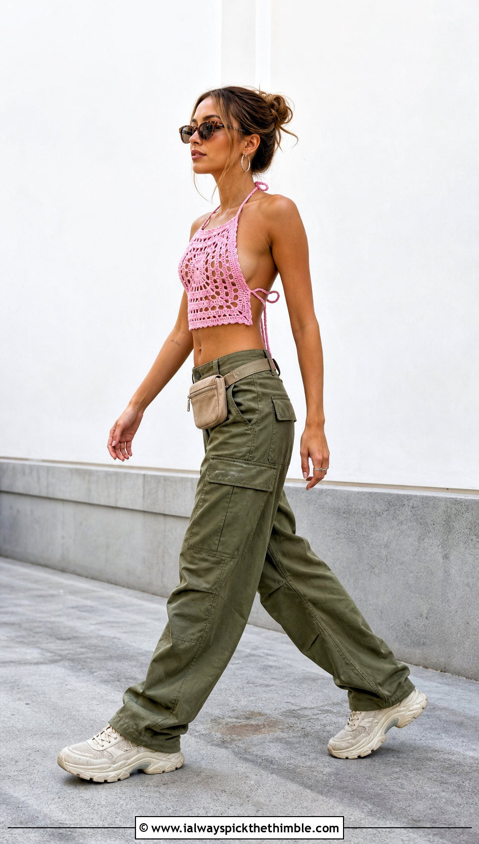 Tie Back Single Granny Square Top With Cargo Pants - 20 single granny square top outfit ideas