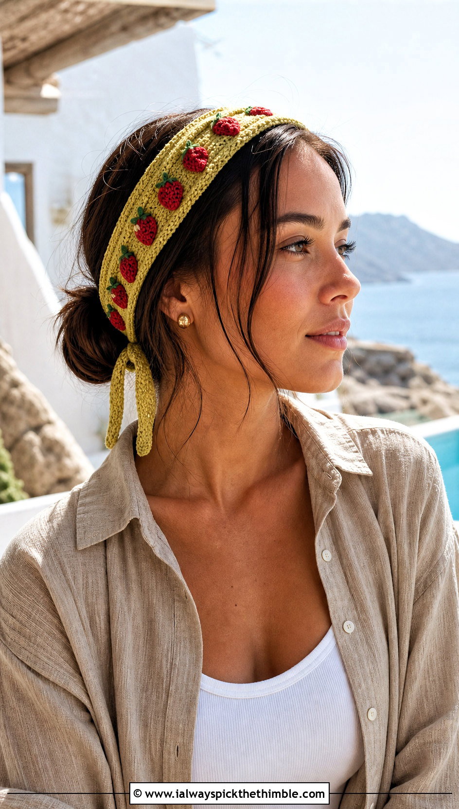 Tie Back Strawberry Headband With Linen Set - 25 Crochet Strawberry Headband outfit ideas