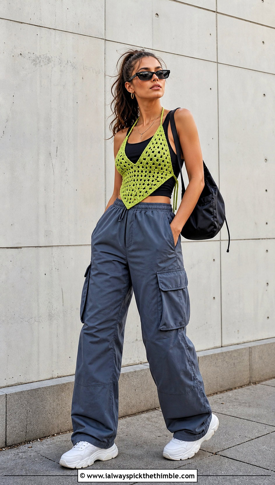 Tie Back Triangle Granny Square Top With Cargo Pants - 20 triangle granny square top outfit ideas