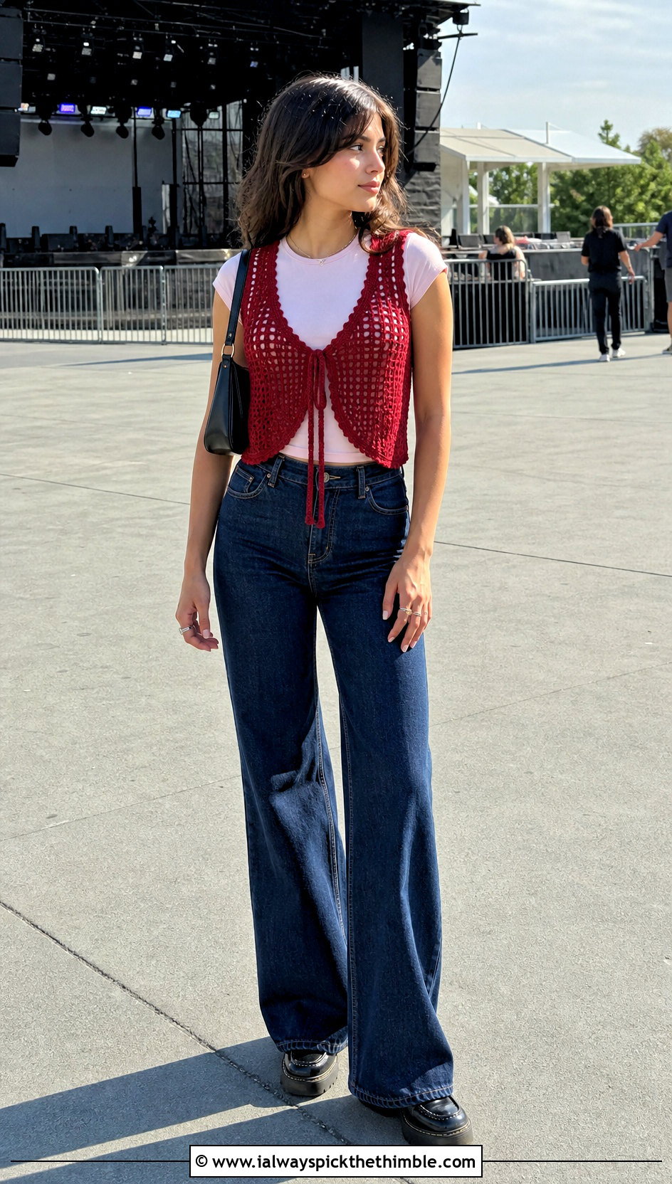 Tie Collar Crochet Vest With Flared Jeans - 20 crochet vest with collar outfit ideas