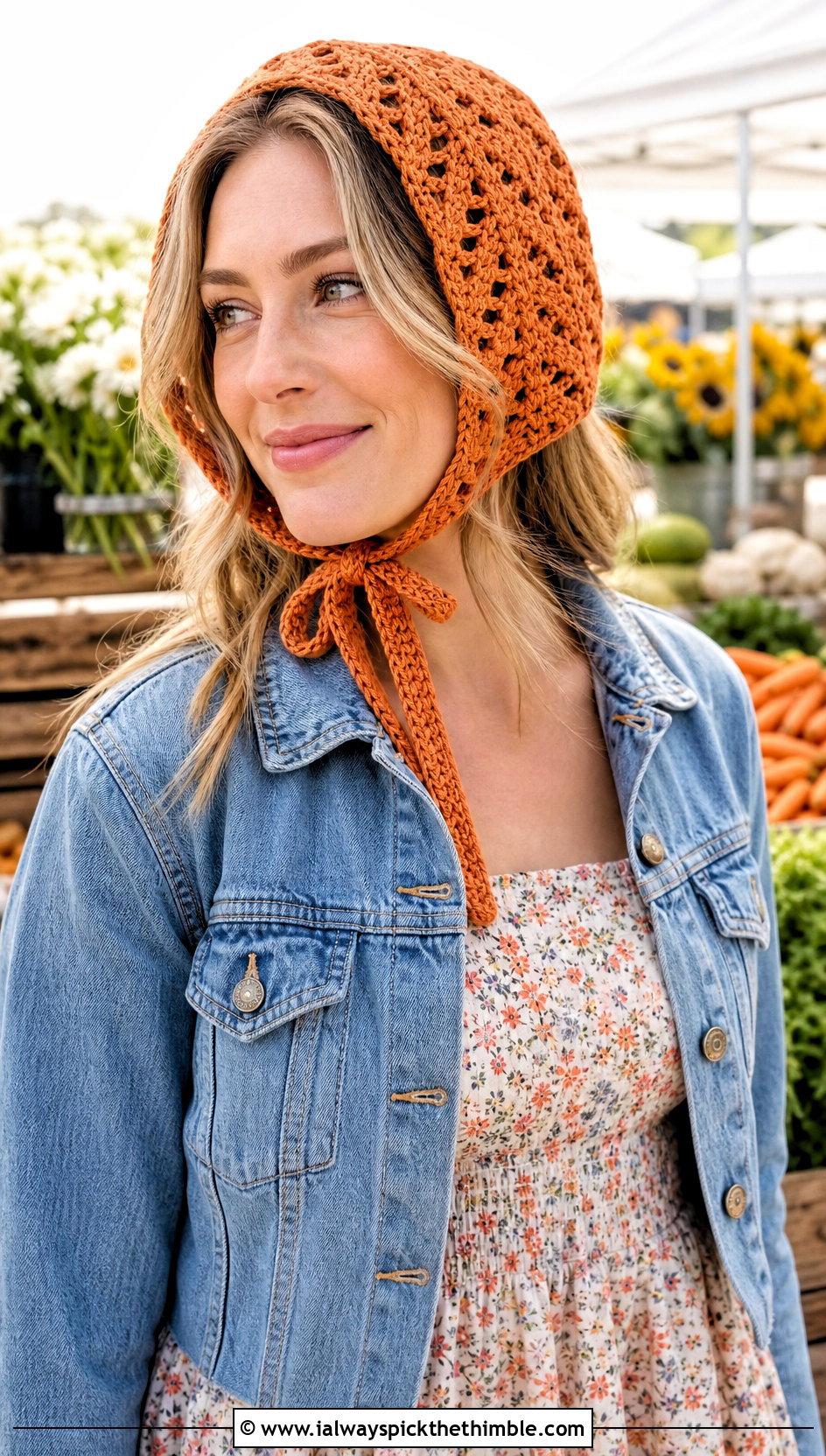 Tie Crochet Bonnet With Prairie Dress - 20 Crochet Bow Hat outfit ideas