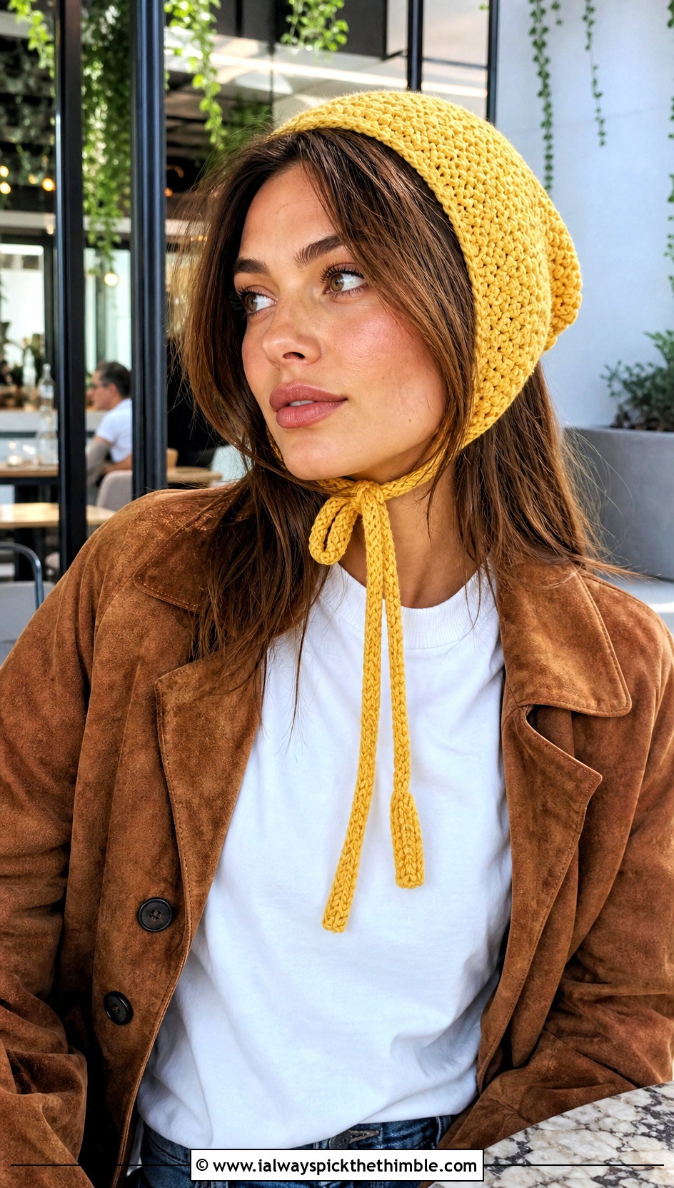 Tie Crochet Bonnet With Straight Leg Jeans - 20 Easy Crochet Bonnet outfit ideas