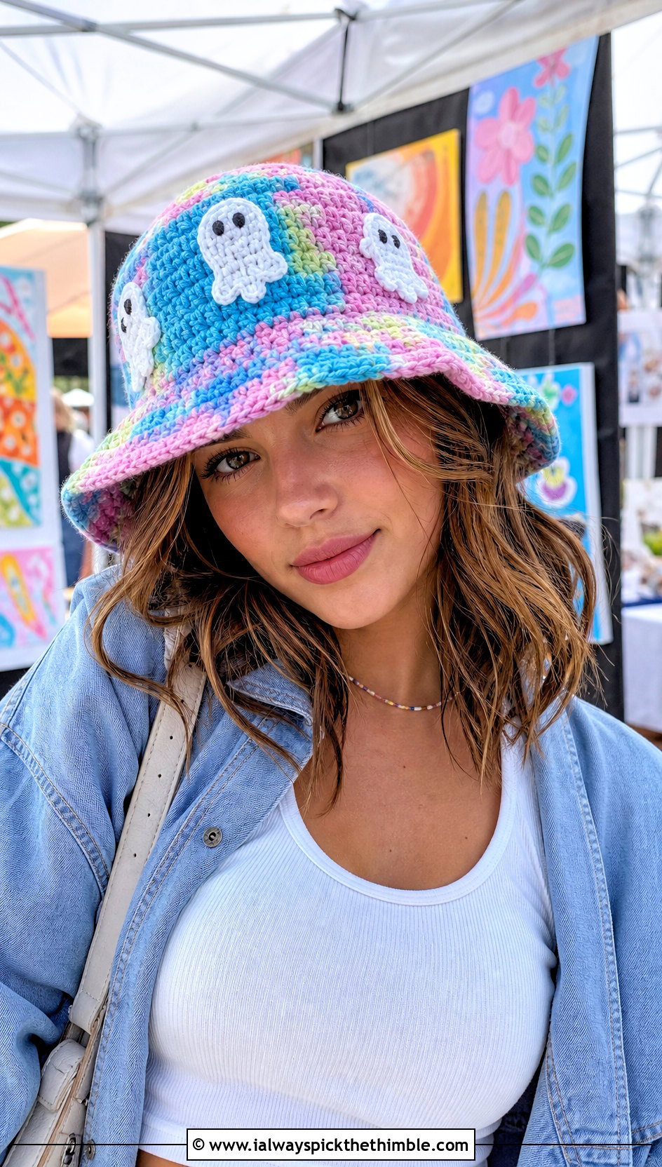 Tie Dye Ghost Crochet Bucket Hat With White Jeans - 20 Ghost Crochet Hat outfit ideas