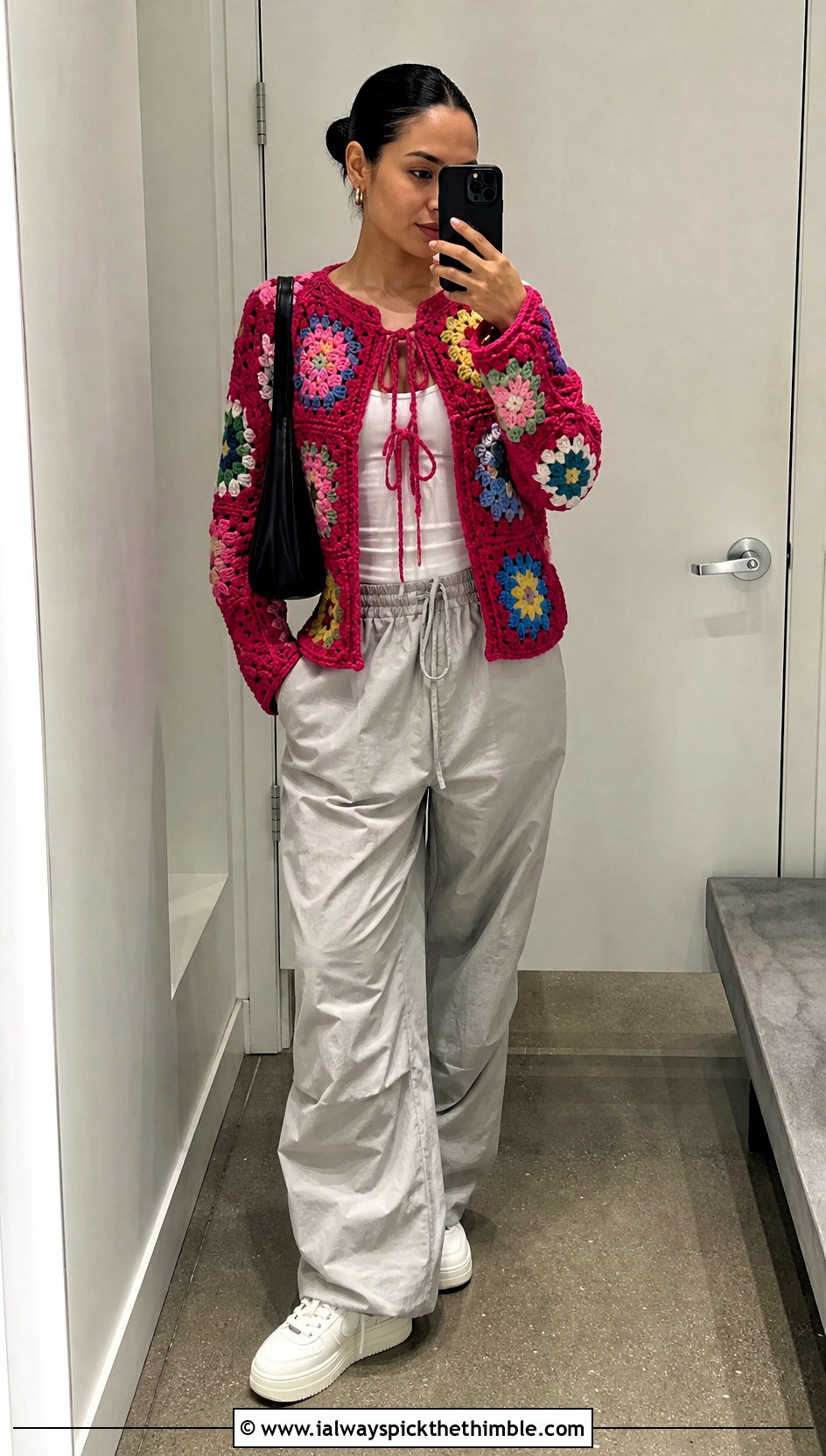 Tie Front African Flower Granny Square Cardigan With Parachute Pants - 20 african flower granny square cardigan outfit ideas