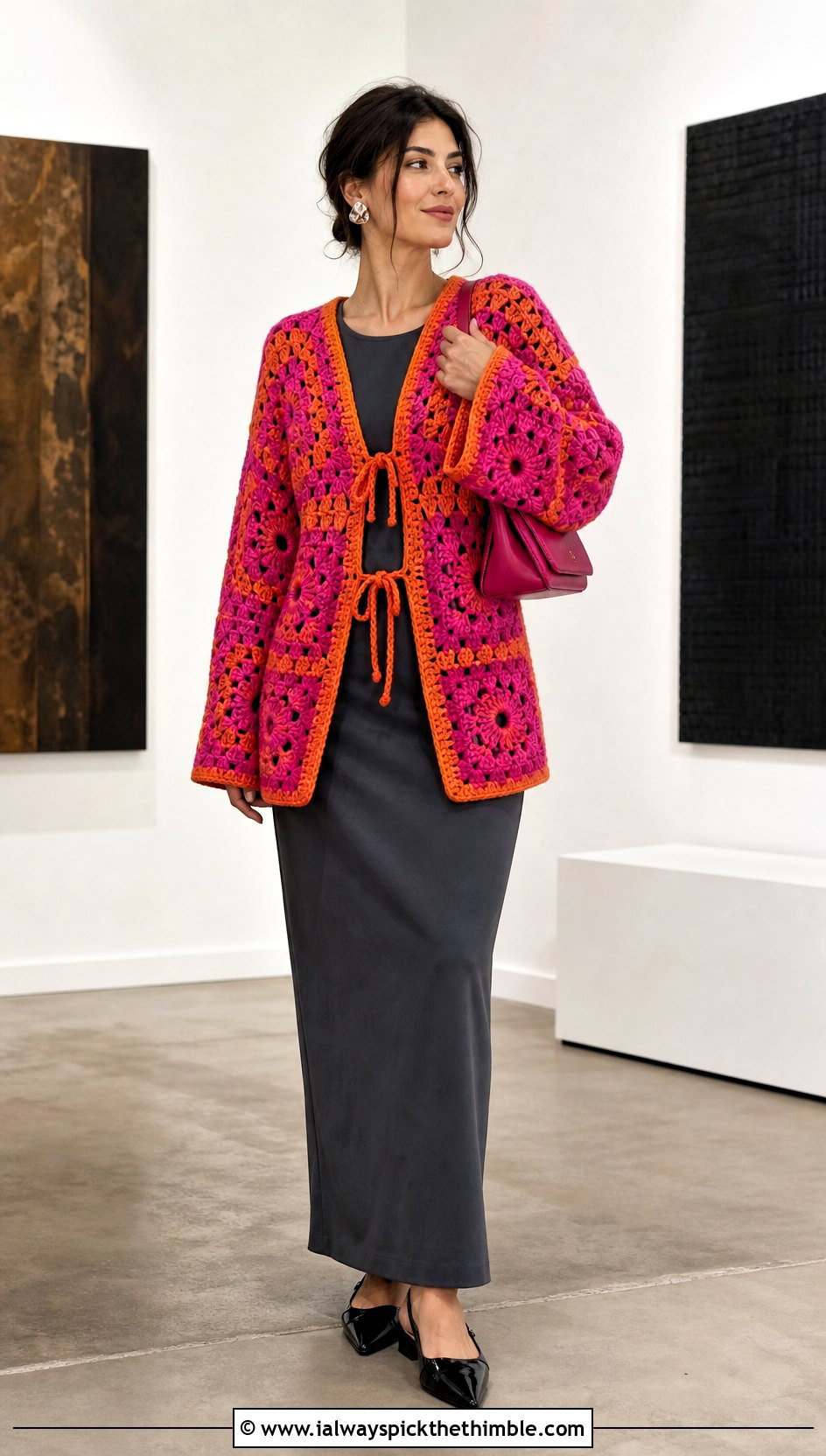 Tie Front Big Granny Square Cardigan With Column Dress - 25 Big Granny Square Cardigan outfit ideas