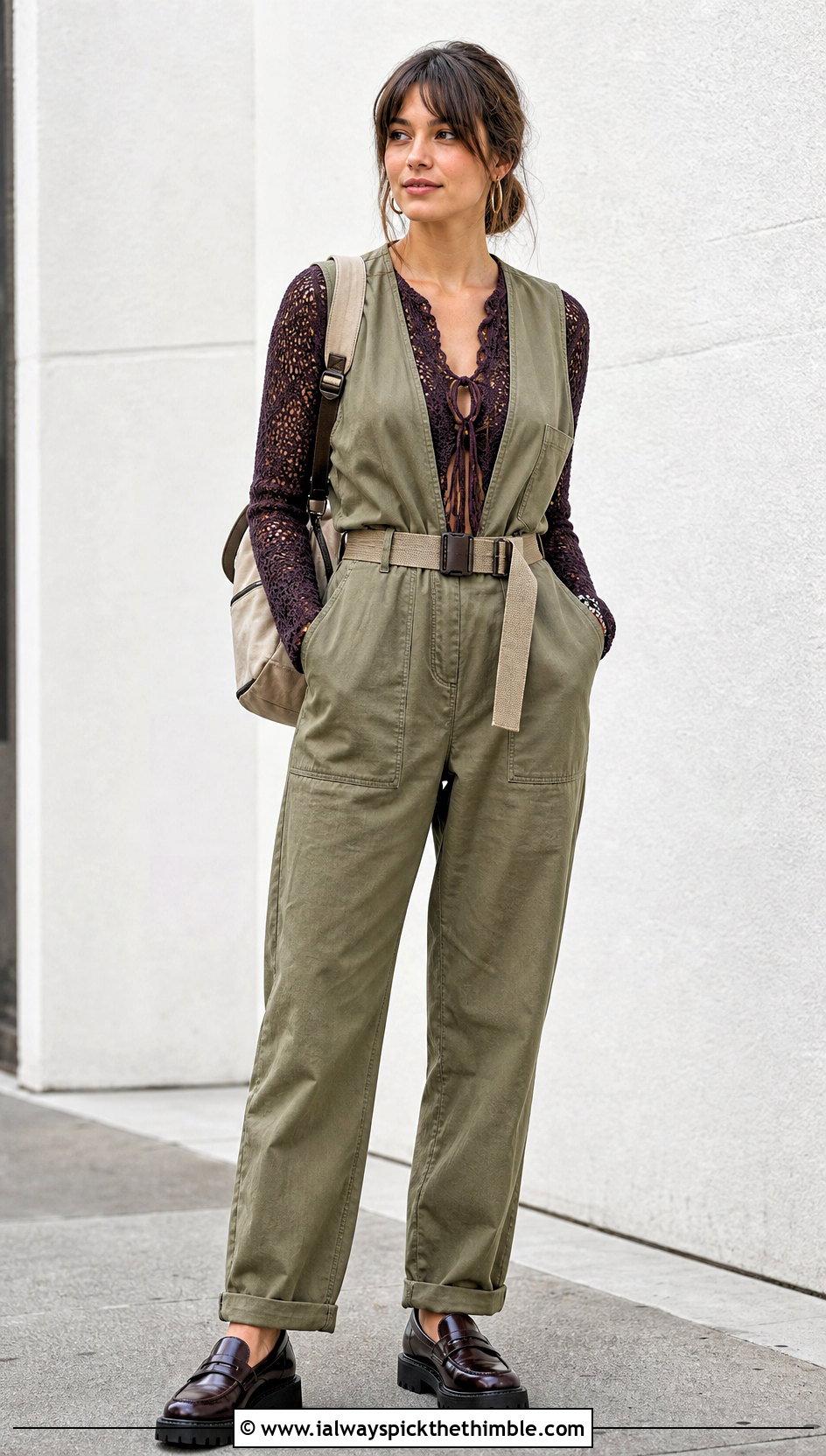 Tie Front Crochet Blouse With Utility Jumpsuit - 15 fall crochet blouse outfit ideas