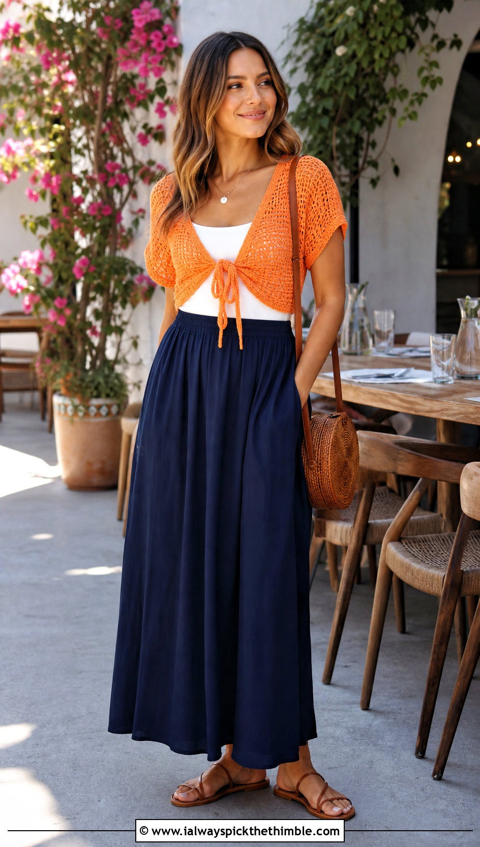 Tie Front Crochet Bolero With Poplin Maxi Skirt - 20 short sleeve crochet cardigan outfit ideas
