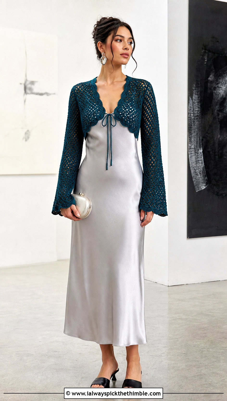 Tie Front Crochet Bolero With Slip Dress And Mules - 20 Crochet Bolero Sweater outfit ideas