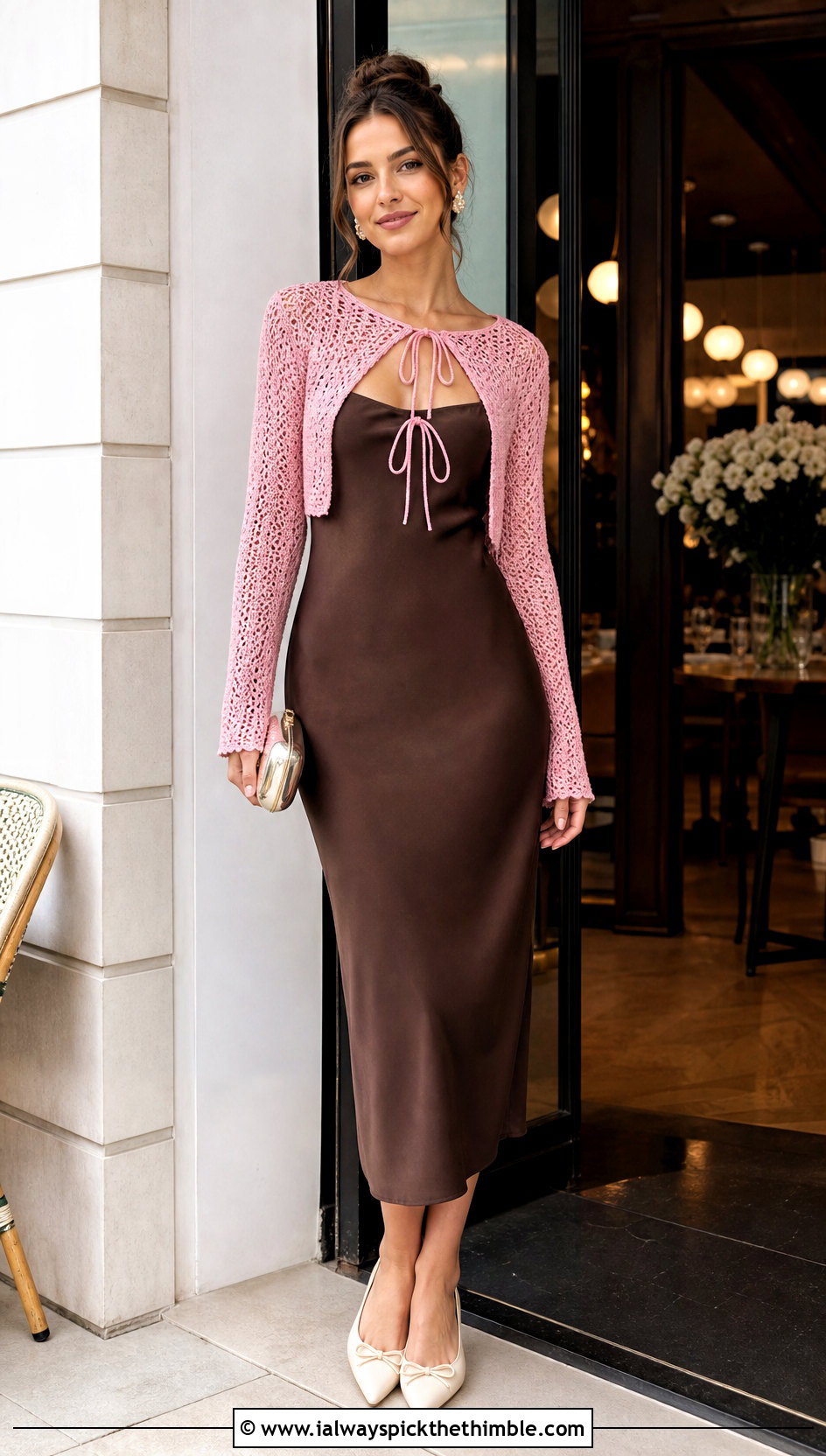 Tie Front Crochet Bolero With Slip Dress - 20 Crochet Long Sleeve Half Top outfit ideas