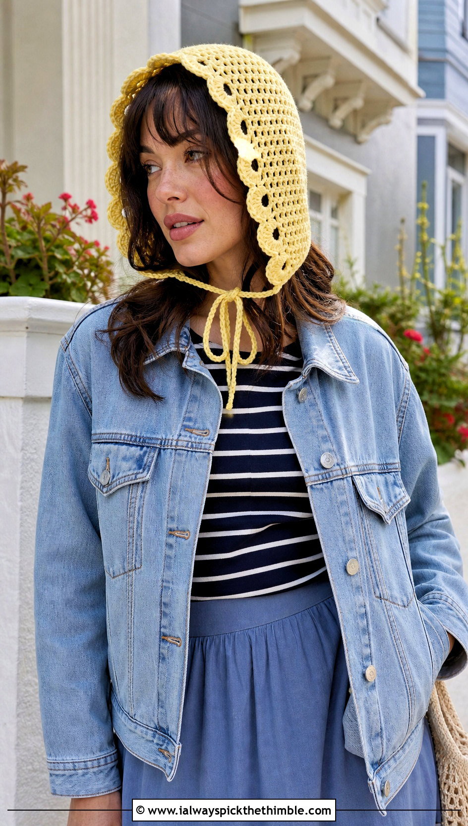 Tie Front Crochet Bonnet Hood With Denim Jacket - 20 crochet hood hat outfit ideas