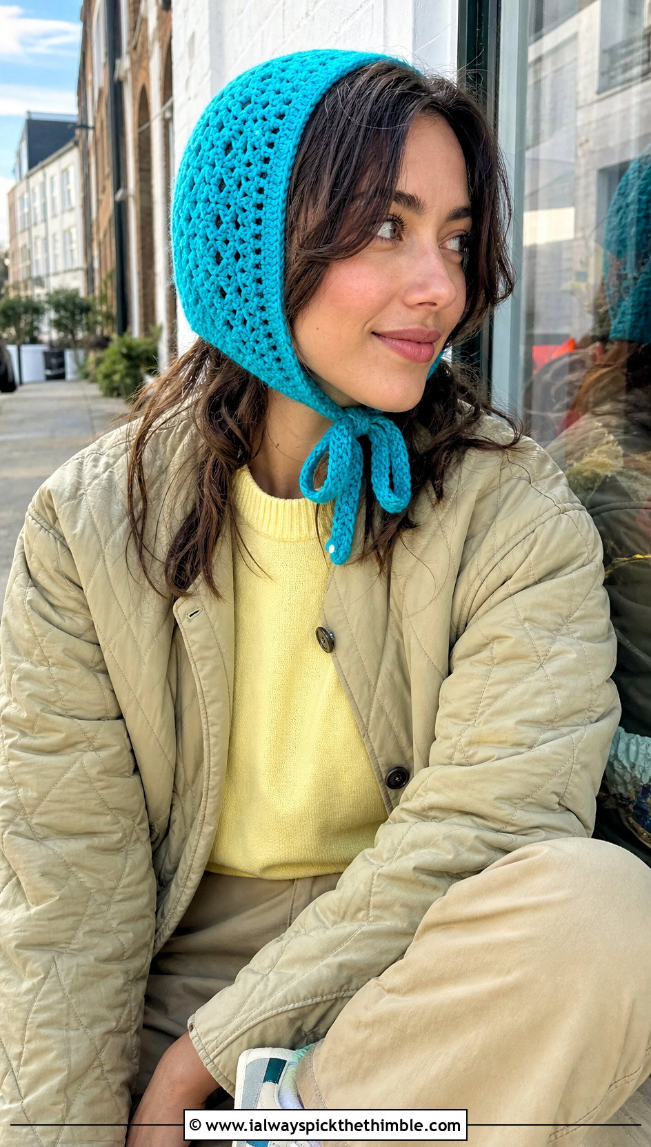 Tie Front Crochet Bonnet Scarf With Quilted Jacket - 20 crochet scarf hood outfit ideas