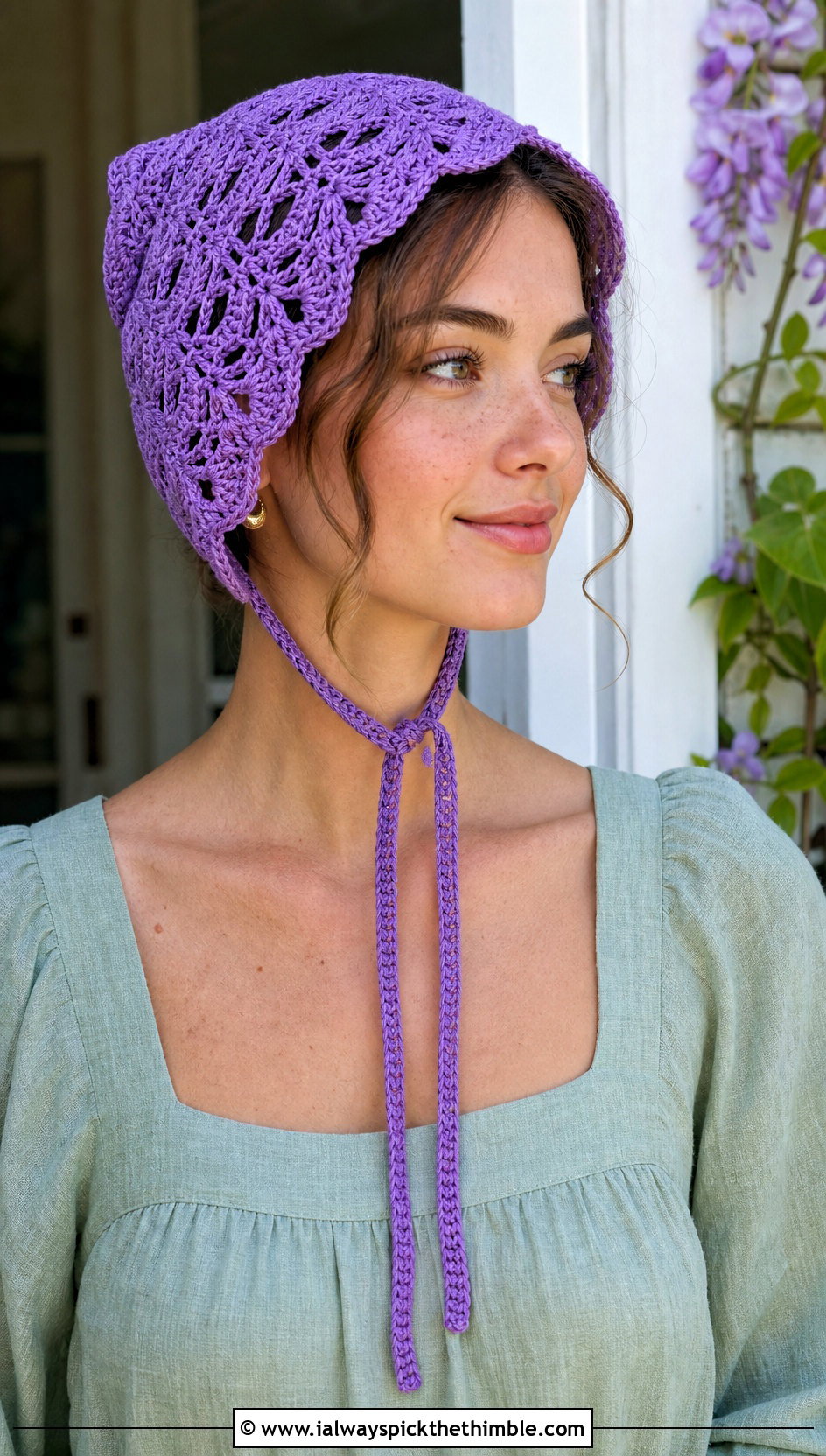 Tie Front Crochet Bonnet With Linen Midi Dress - 15 Country Cottage Crochet Hat outfit ideas