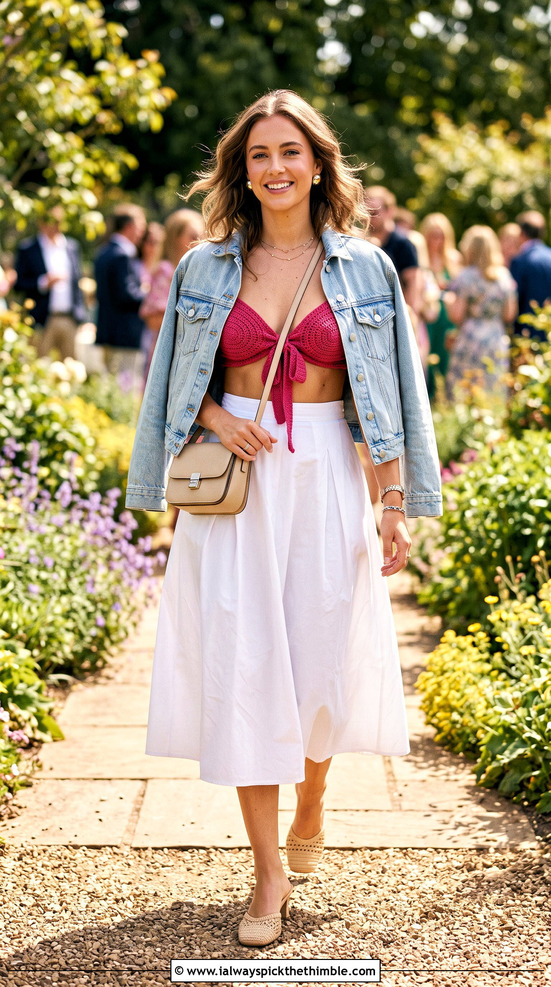Tie Front Crochet Bra Top With A Line Midi Skirt - 25 crochet bra top outfit ideas