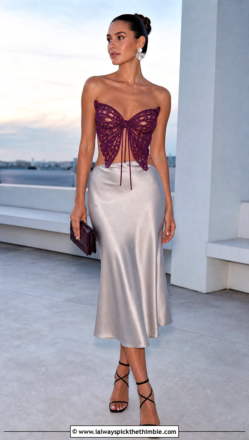 Tie Front Crochet Butterfly Top With Satin Midi Skirt - 20 crochet butterfly tops outfit ideas